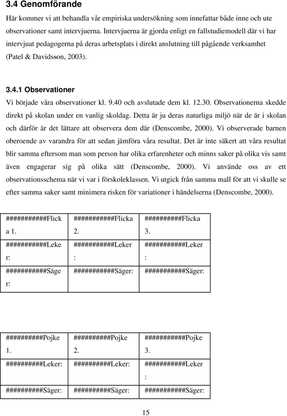 1 Observationer Vi började våra observationer kl. 9.40 och avslutade dem kl. 12.30. Observationerna skedde direkt på skolan under en vanlig skoldag.