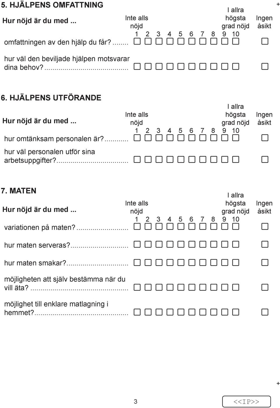 .. 1 2 3 4 5 6 7 8 9 10 hur omtänksam personalen är?... hur väl personalen utför sina arbetsuppgifter?... 7. Maten Hur är du med.