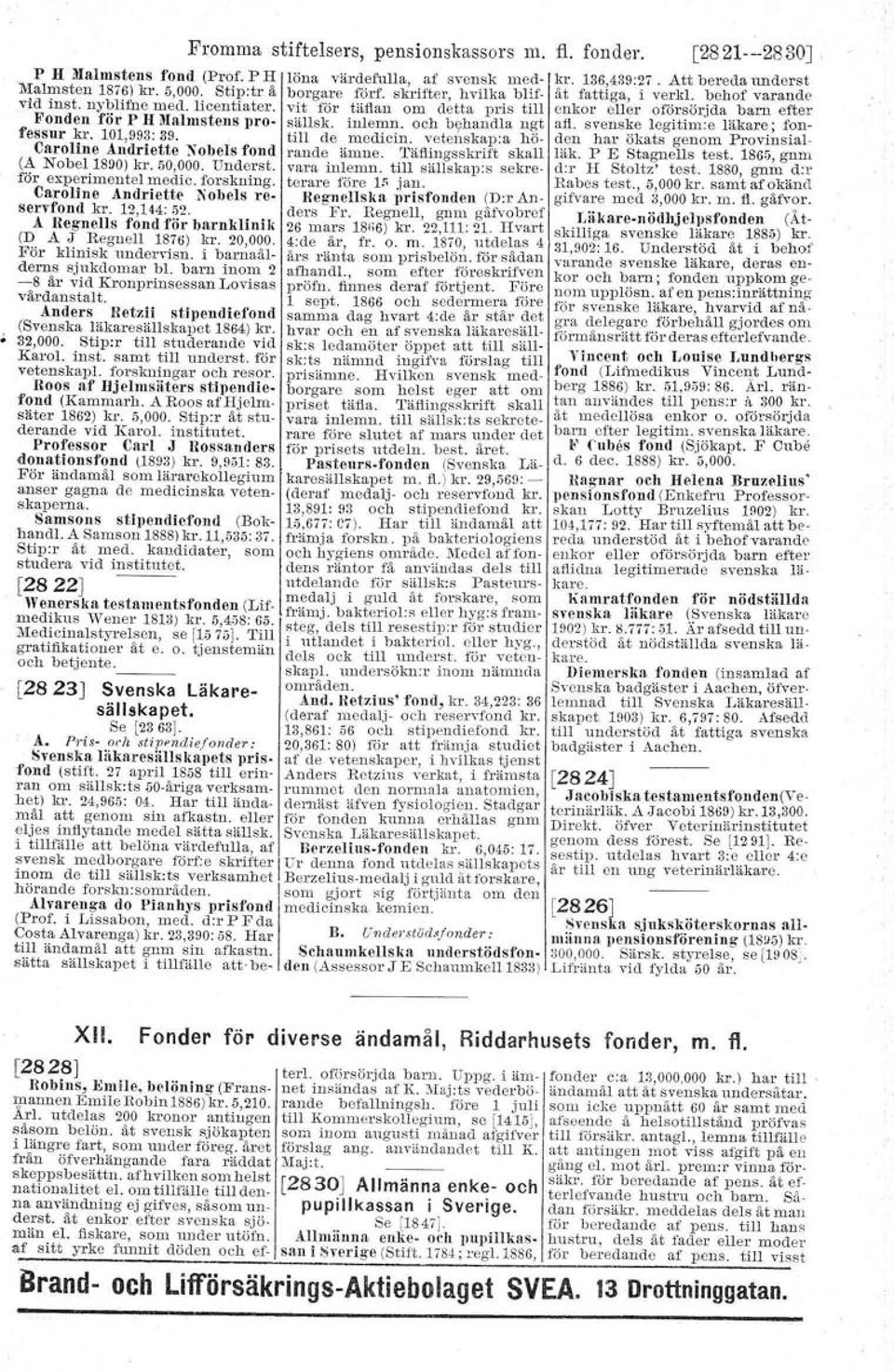 A Regnalls fond för barnkltnlk (D A J RegnelI 1876) kr. 20,000. För klinisk undervisn. i barnaålderns sjukdomar bl. barn inom 2-8 är vid Kronprinsessan Lovisas vårdanstalt.