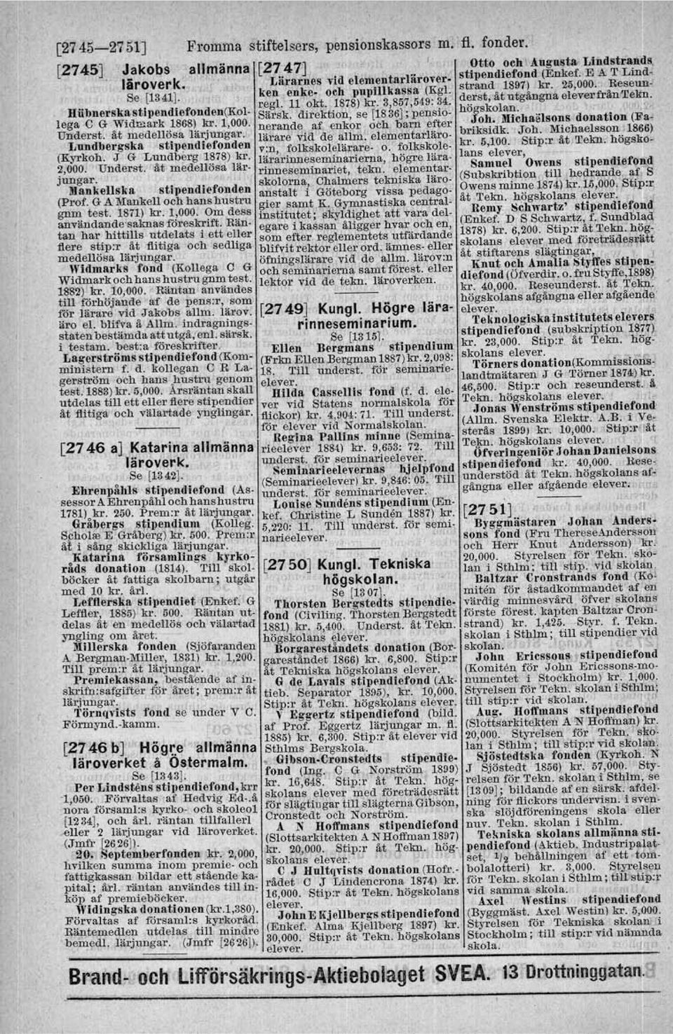 Hiibnerskastlpendlefondeu(Kol Särsk, direktion, se [1836]; penstolega,o G Wldmark 1868) kr, 1,POO,nerande af enkor och barn efter Underst, åt medellösa Iärjungar.