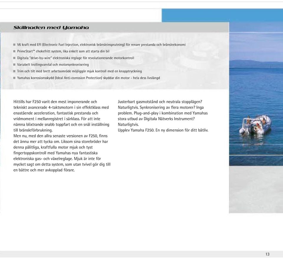 en knapptryckning Yamahas korrosionsskydd (Ideal Anti-corrosion Protection) skyddar din motor - hela dess livslängd Hittills har F250 varit den mest imponerande och tekniskt avancerade 4-taktsmotorn