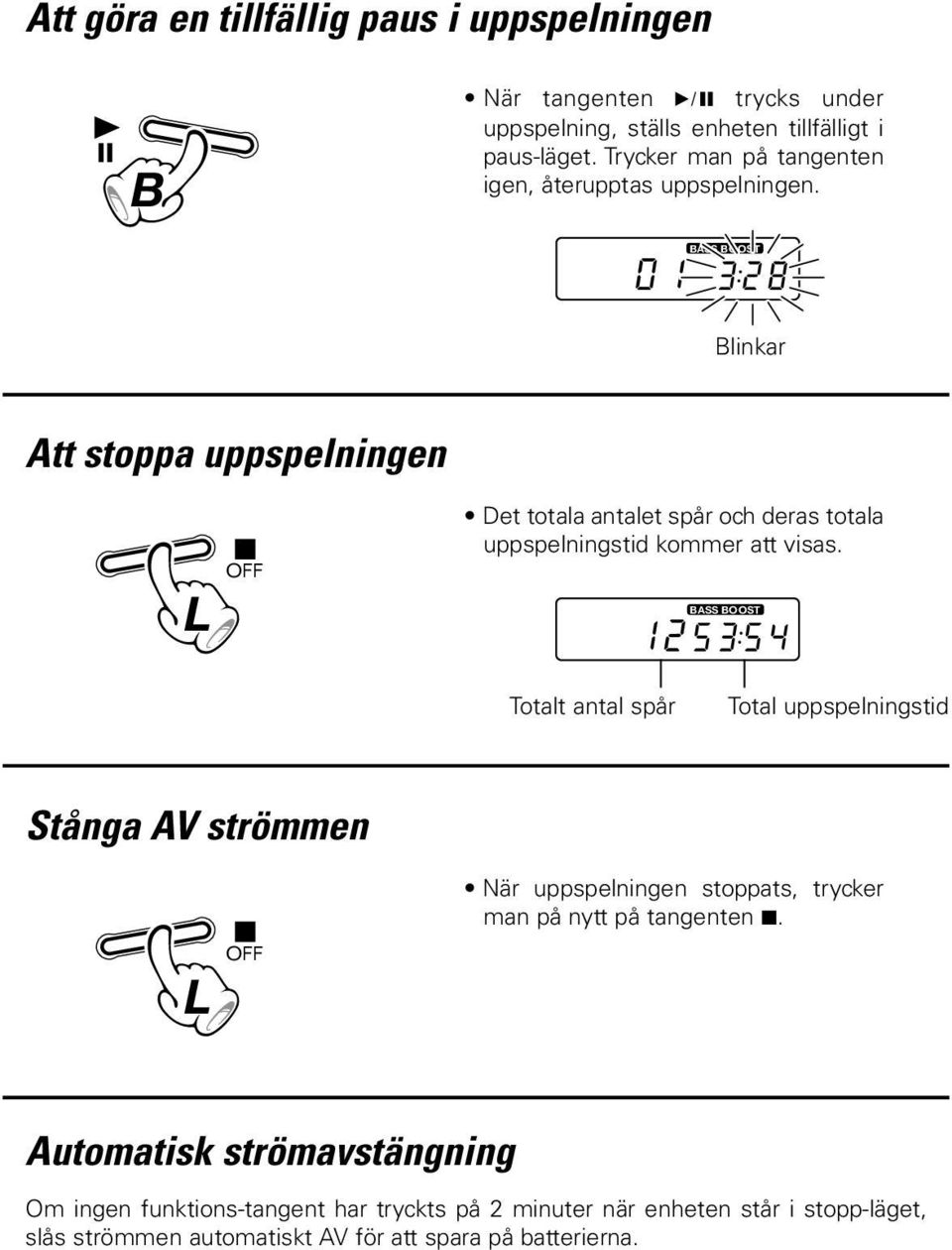 Blinkar Att stoppa uppspelningen L OFF Det totala antalet spår och deras totala uppspelningstid kommer att visas.