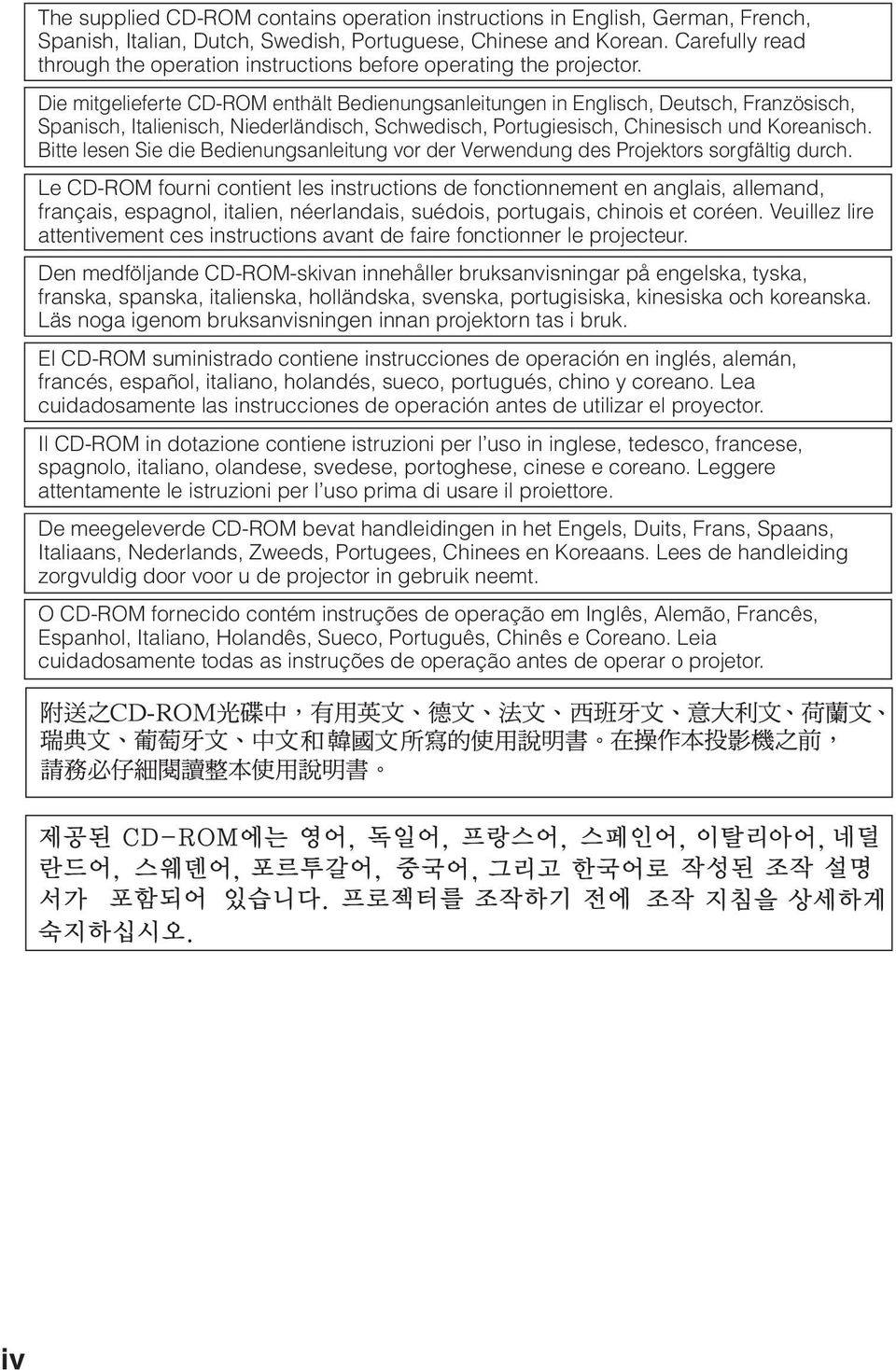 Die mitgelieferte CD-O enthält edienungsanleitungen in nglisch, Deutsch, Französisch, panisch, talienisch, Niederländisch, chwedisch, ortugiesisch, Chinesisch und Koreanisch.