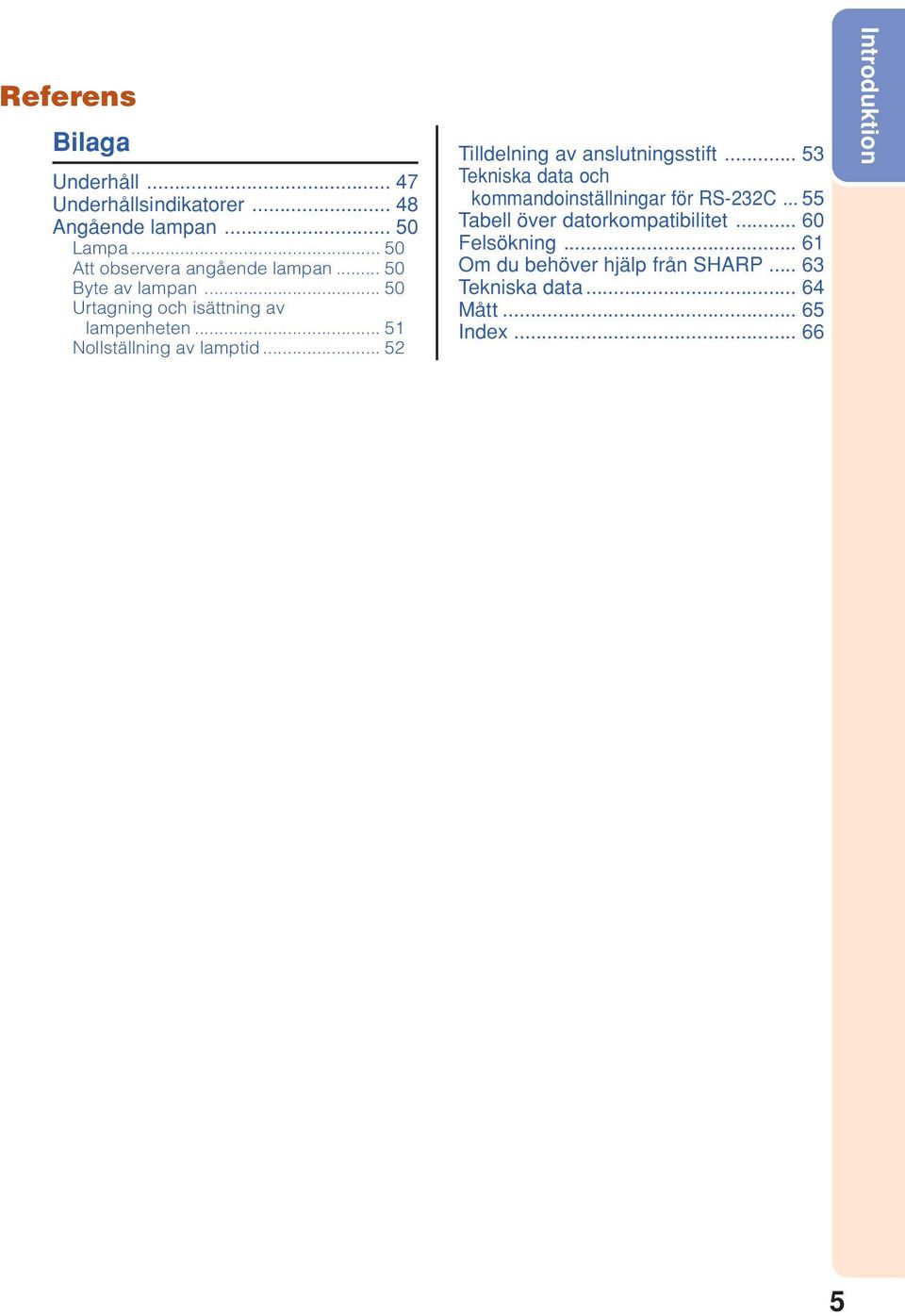 .. 5 Nollställning av lamptid... 5 Tilldelning av anslutningsstift.
