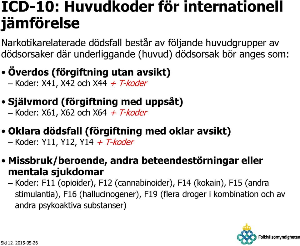 T-koder Oklara dödsfall (förgiftning med oklar avsikt) Koder: Y11, Y12, Y14 + T-koder Missbruk/beroende, andra beteendestörningar eller mentala sjukdomar