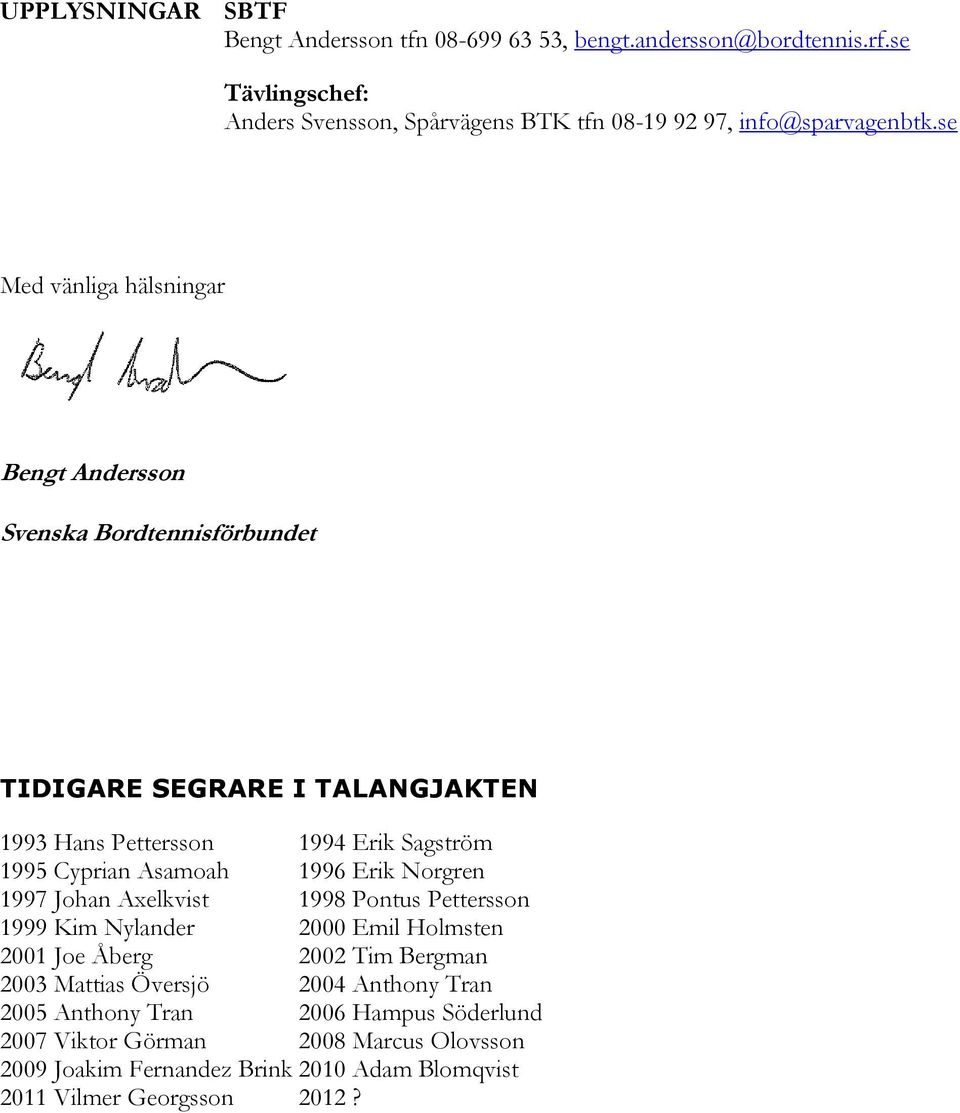 se Med vänliga hälsningar Bengt Andersson Svenska Bordtennisförbundet TIDIGARE SEGRARE I TALANGJAKTEN 1993 Hans Pettersson 1994 Erik Sagström 1995 Cyprian Asamoah