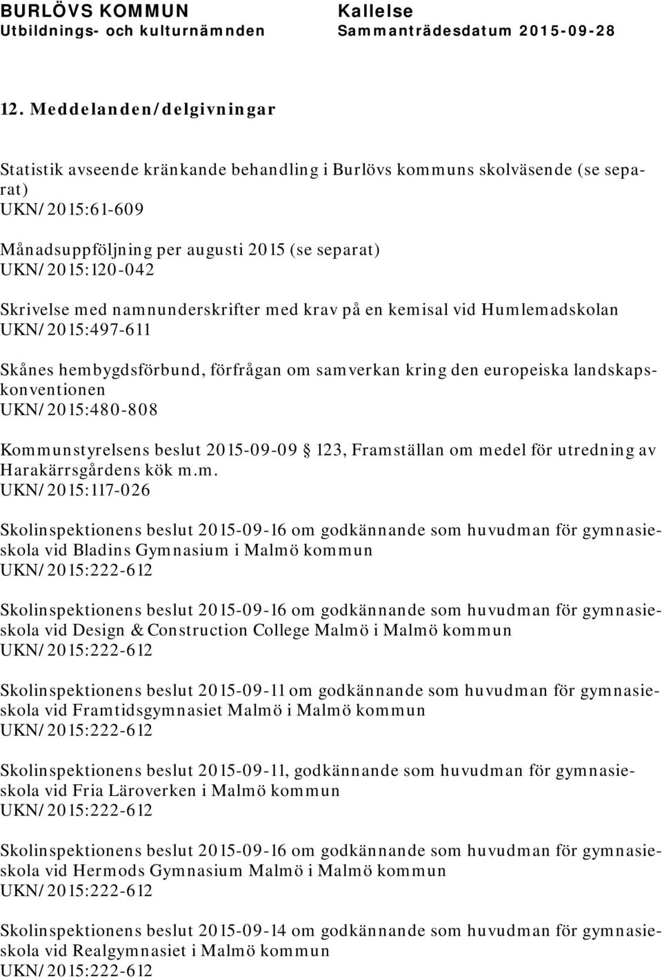 Kommunstyrelsens beslut 2015-09-09 123, Framställan om medel för utredning av Harakärrsgårdens kök m.m. UKN/2015:117-026 Skolinspektionens beslut 2015-09-16 om godkännande som huvudman för