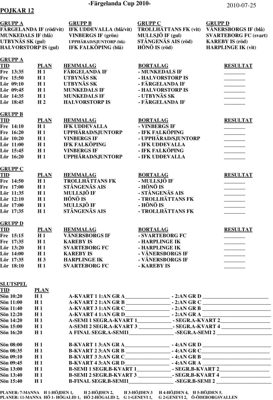 GRUPP A Fre 13:35 H 1 FÄRGELANDA IF - MUNKEDALS IF Fre 15:50 H 1 UTBYNÄS SK - HALVORSTORP IS Lör 09:10 H 1 UTBYNÄS SK - FÄRGELANDA IF Lör 09:45 H 1 MUNKEDALS IF - HALVORSTORP IS Lör 14:35 H 1