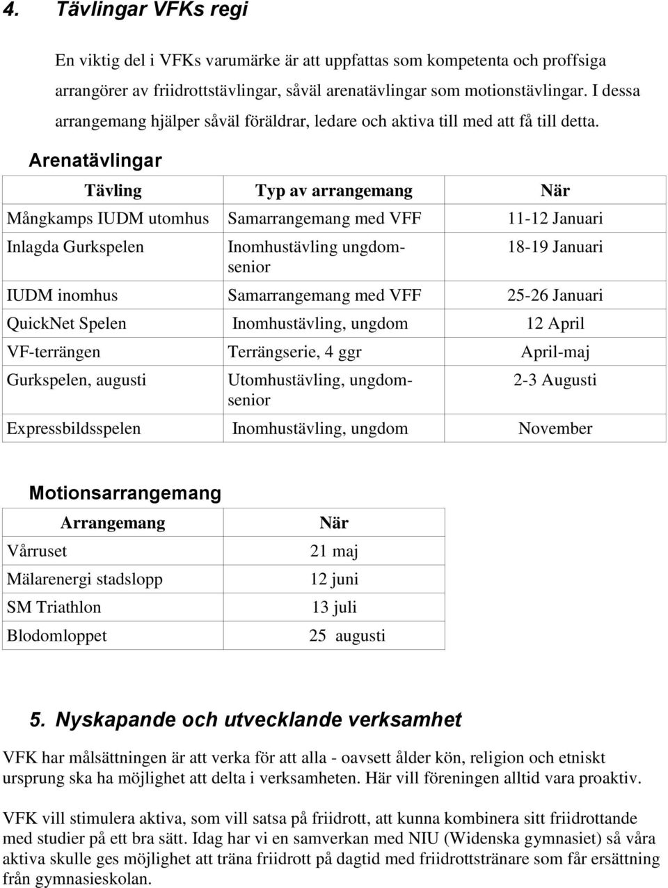 Arenatävlingar Tävling Typ av arrangemang När Mångkamps IUDM utomhus Samarrangemang med VFF 11-12 Januari Inlagda Gurkspelen Inomhustävling ungdomsenior 18-19 Januari IUDM inomhus Samarrangemang med