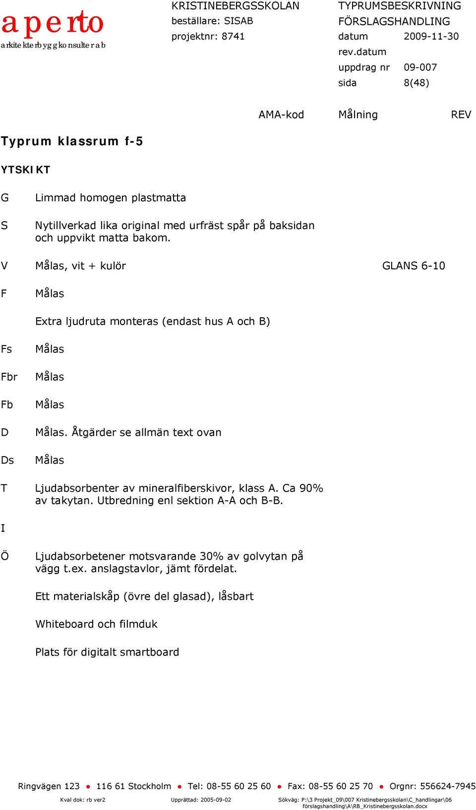 Åtgärder se allmän text ovan Ljudabsorbenter av mineralfiberskivor, klass A. Ca 90% av takytan. Utbredning enl sektion A-A och B-B.