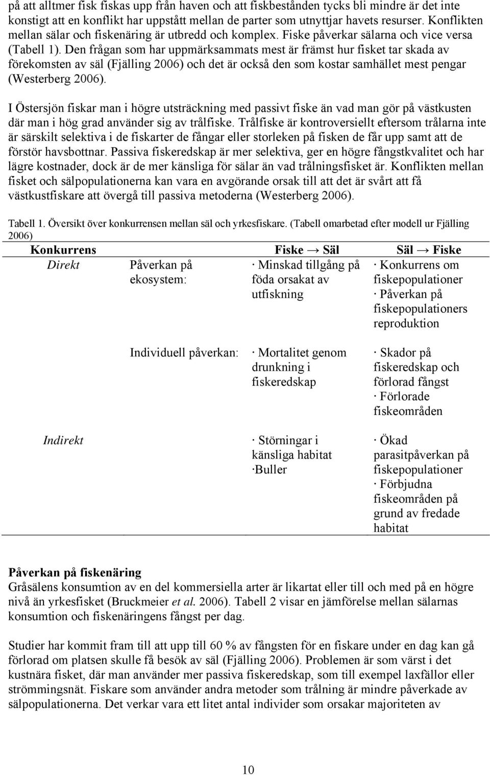 Den frågan som har uppmärksammats mest är främst hur fisket tar skada av förekomsten av säl (Fjälling 2006) och det är också den som kostar samhället mest pengar (Westerberg 2006).