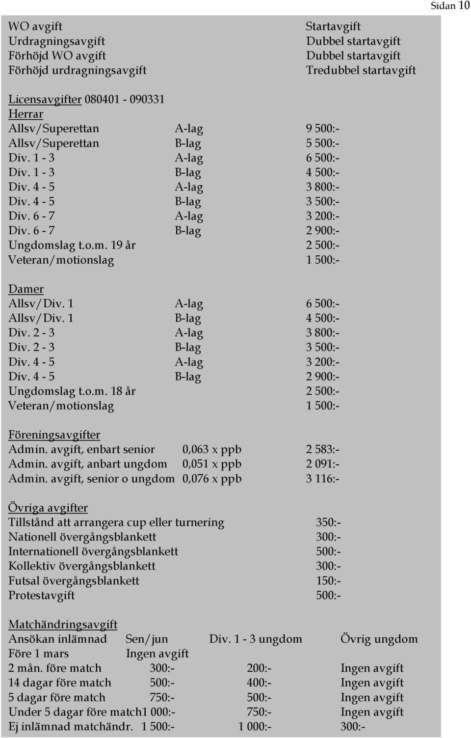 6-7 B-lag 2 900:- Ungdomslag t.o.m. 19 år 2 500:- Veteran/motionslag 1 500:- Damer Allsv/Div. 1 A-lag 6 500:- Allsv/Div. 1 B-lag 4 500:- Div. 2-3 A-lag 3 800:- Div. 2-3 B-lag 3 500:- Div.