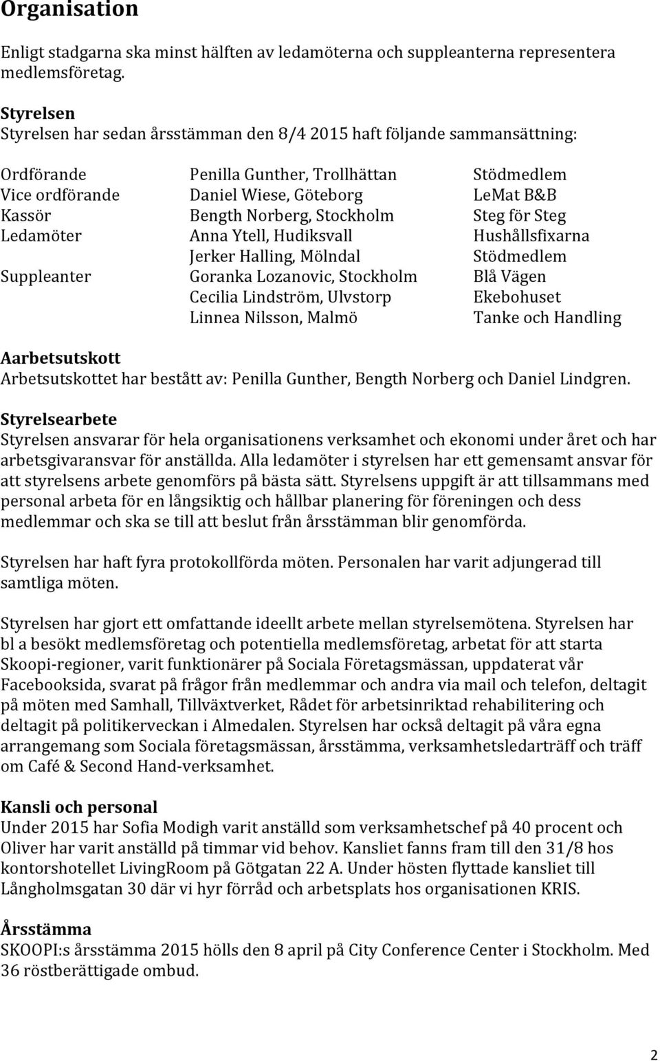 Norberg, Stockholm Steg för Steg Ledamöter Anna Ytell, Hudiksvall Hushållsfixarna Jerker Halling, Mölndal Stödmedlem Suppleanter Goranka Lozanovic, Stockholm Blå Vägen Cecilia Lindström, Ulvstorp