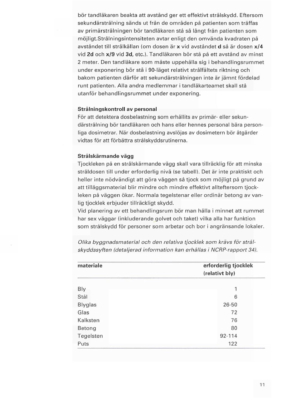 strålningsintensiteten avtar enligt den omvända kvadraten på avståndet till strålkällan (om dosen är χ vid avståndet d så är dosen x/4 vid 2d och x/9 vid 3d, etc).