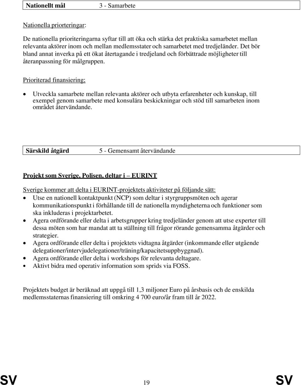 Prioriterad finansiering; Utveckla samarbete mellan relevanta aktörer och utbyta erfarenheter och kunskap, till exempel genom samarbete med konsulära beskickningar och stöd till samarbeten inom