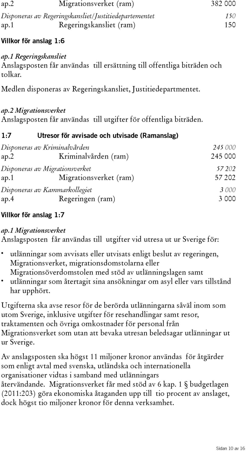 2 Migrationsverket Anslagsposten får användas till utgifter för offentliga biträden. 1:7 Utresor för avvisade och utvisade (Ramanslag) Disponeras av Kriminalvården 245 000 ap.