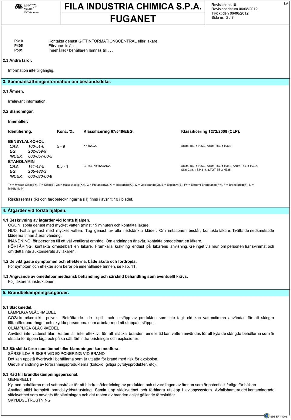 BENSYLALKOHOL CAS. 100-51-6 5-9 Xn R20/22 Acute Tox. 4 H332, Acute Tox. 4 H302 EG. 202-859-9 INDEX. 603-057-00-5 ETANOLAMIN CAS. 141-43-5 0,5-1 C R34, Xn R20/21/22 Acute Tox. 4 H332, Acute Tox. 4 H312, Acute Tox.