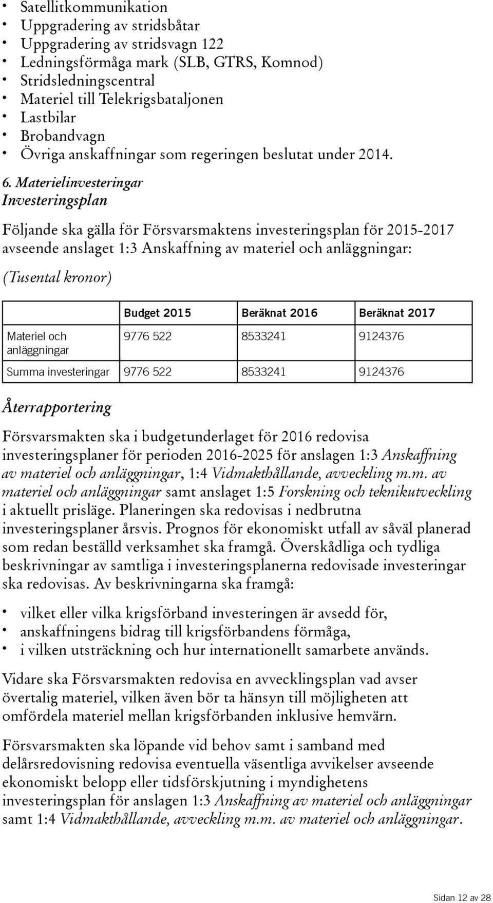 Materielinvesteringar Investeringsplan Följande ska gälla för Försvarsmaktens investeringsplan för 2015-2017 avseende anslaget 1:3 Anskaffning av materiel och anläggningar: (Tusental kronor) Budget