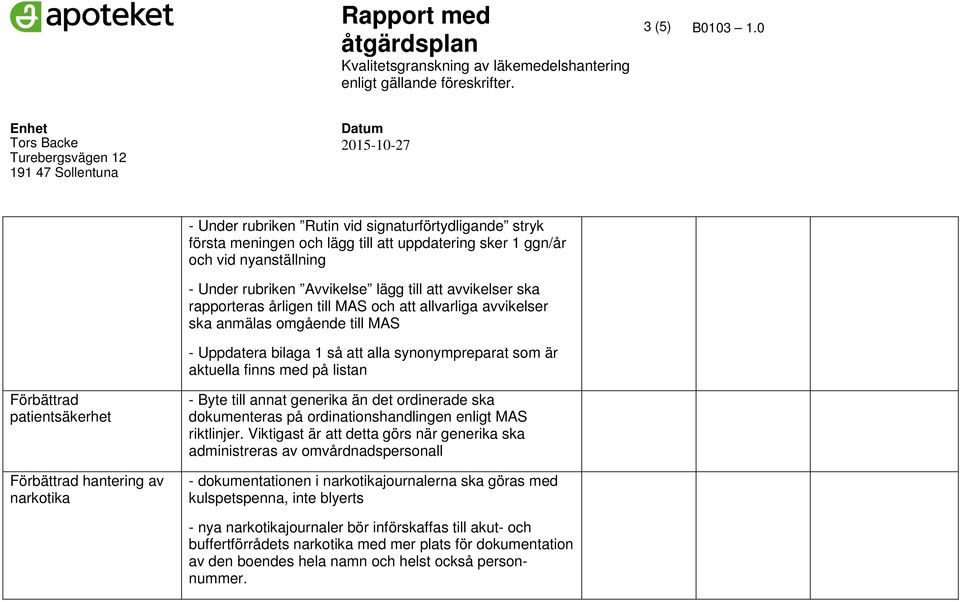 rapporteras årligen till MAS och att allvarliga avvikelser ska anmälas omgående till MAS - Uppdatera bilaga 1 så att alla synonympreparat som är aktuella finns med på listan Förbättrad