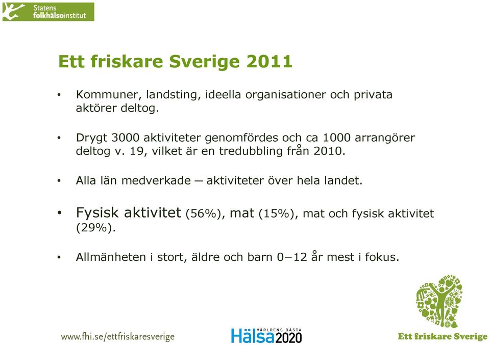 19, vilket är en tredubbling från 2010. Alla län medverkade aktiviteter över hela landet.