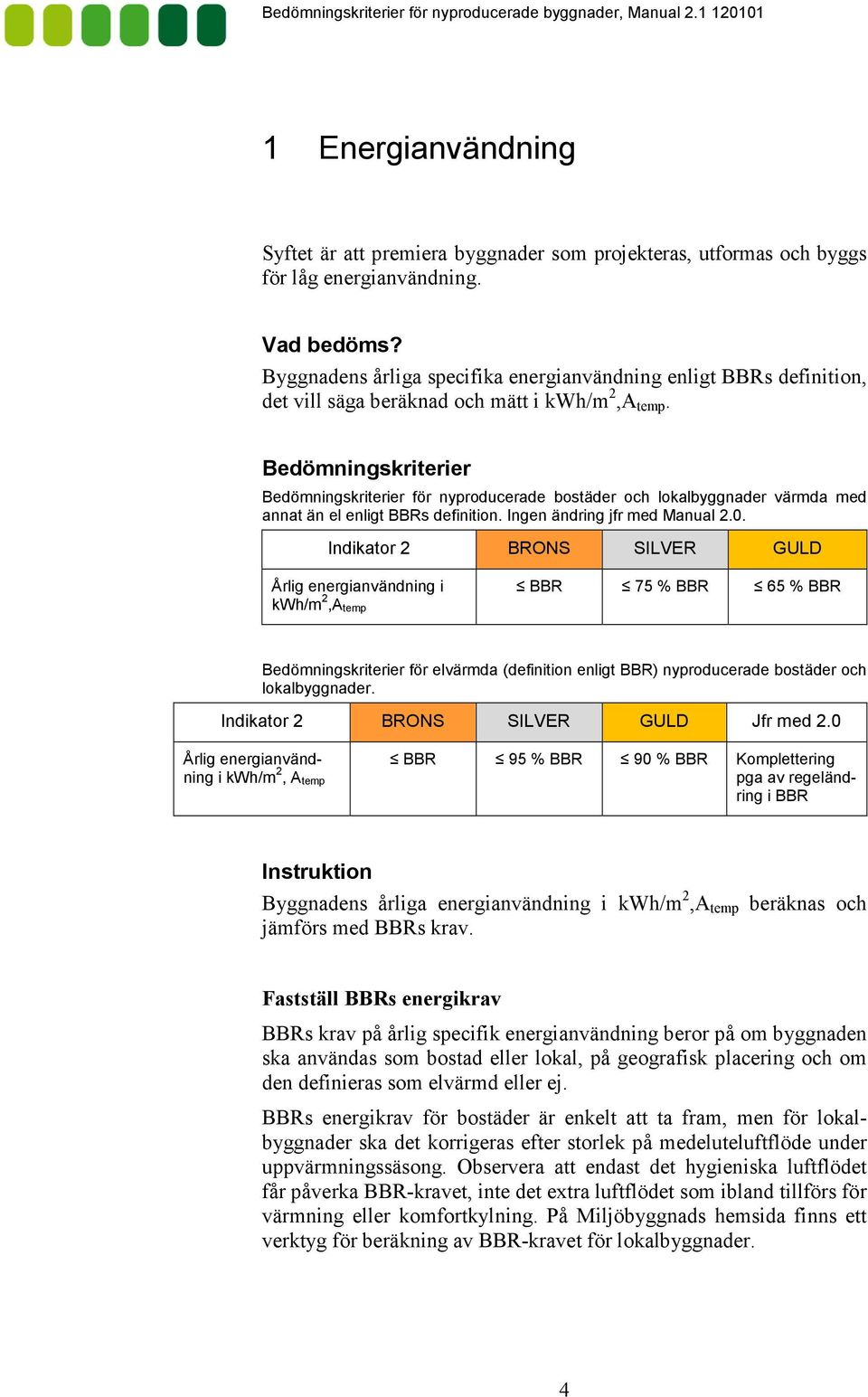 Bedömningskriterier Bedömningskriterier för nyproducerade bostäder och lokalbyggnader värmda med annat än el enligt BBRs definition. Ingen ändring jfr med Manual 2.0.