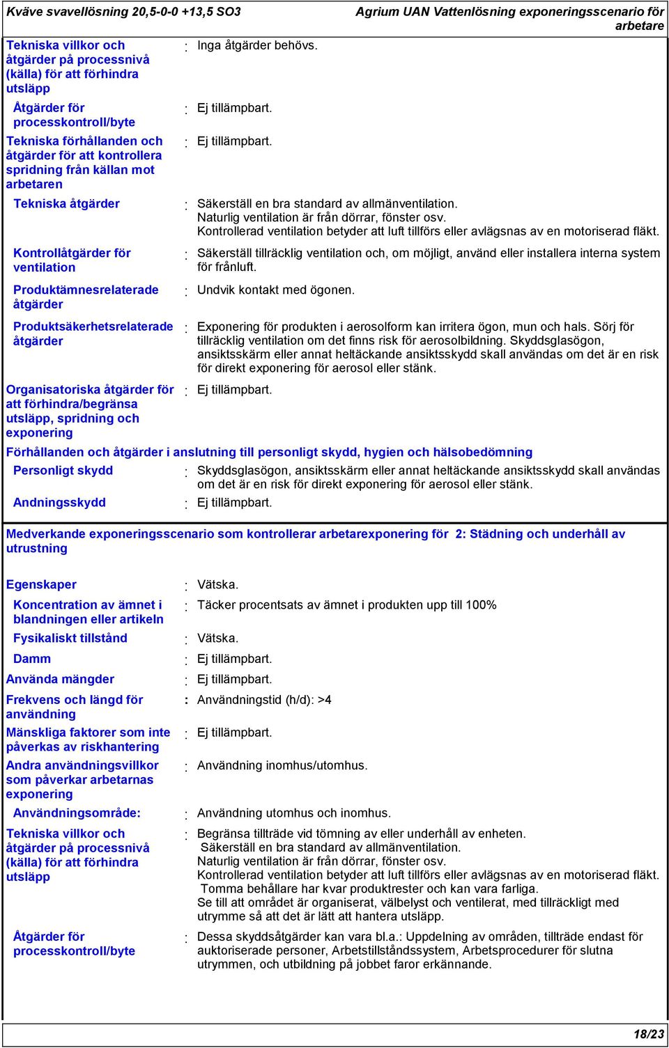 Agrium UAN Vattenlösning sscenario för arbetare Säkerställ en bra standard av allmänventilation. Naturlig ventilation är från dörrar, fönster osv.