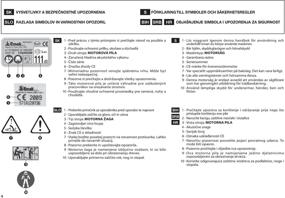 2 - Používajte ochrannú prilbu, okuliare a slúchadlá 3 - Druh stroja: MOTOROVÁ PÍLA 4 - Zaručená hladina akustického výkonu 5 - Číslo série 6 - Značka zhody CE 7 - Mimoriadnu pozornosť venujte