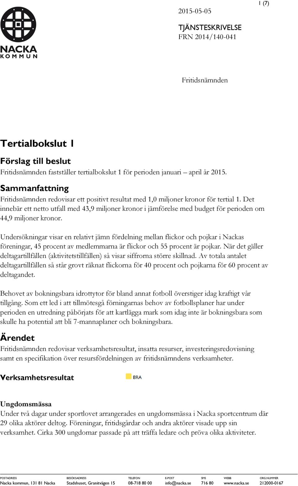 Det innebär ett netto utfall med 43,9 miljoner kronor i jämförelse med budget för perioden om 44,9 miljoner kronor.