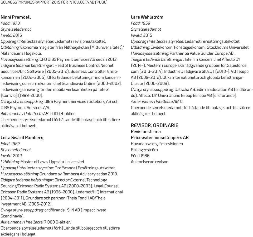 Tidigare ledande befattningar: Head of Business Control Neonet Securities/Orc Software (2005 2012), Business Controller Enirokoncernen (2002 2005), Olika ledande befattningar inom koncernredovisning