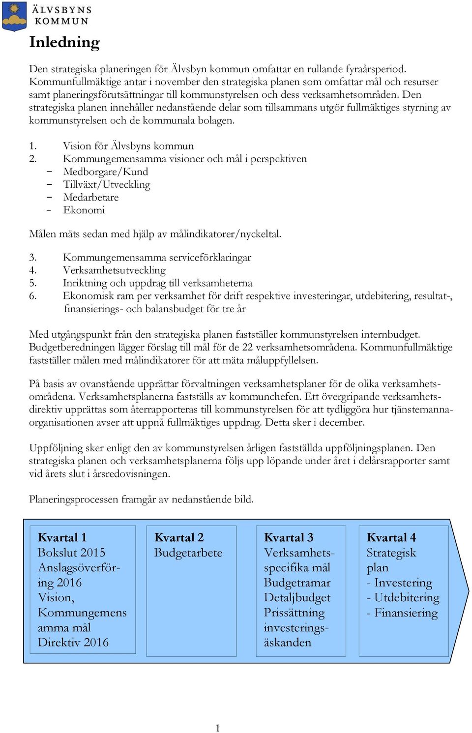 Den strategiska planen innehåller nedanstående delar som tillsammans utgör fullmäktiges styrning av kommunstyrelsen och de kommunala bolagen. 1. Vision för Älvsbyns kommun 2.