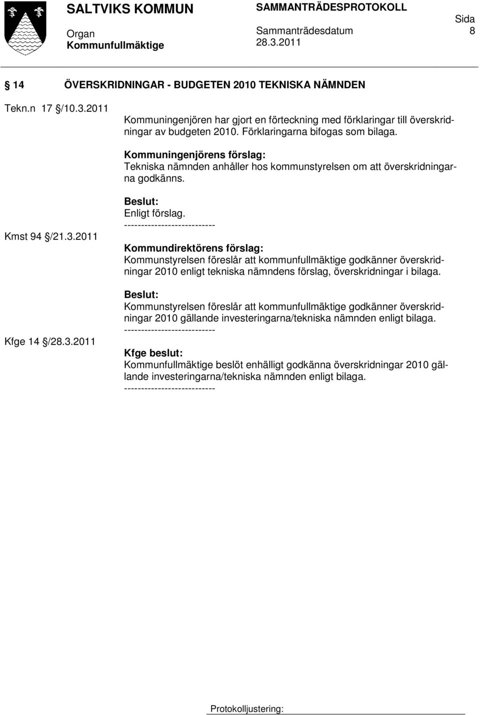 Kommundirektörens förslag: Kommunstyrelsen föreslår att kommunfullmäktige godkänner överskridningar 2010 enligt tekniska nämndens förslag, överskridningar i bilaga.