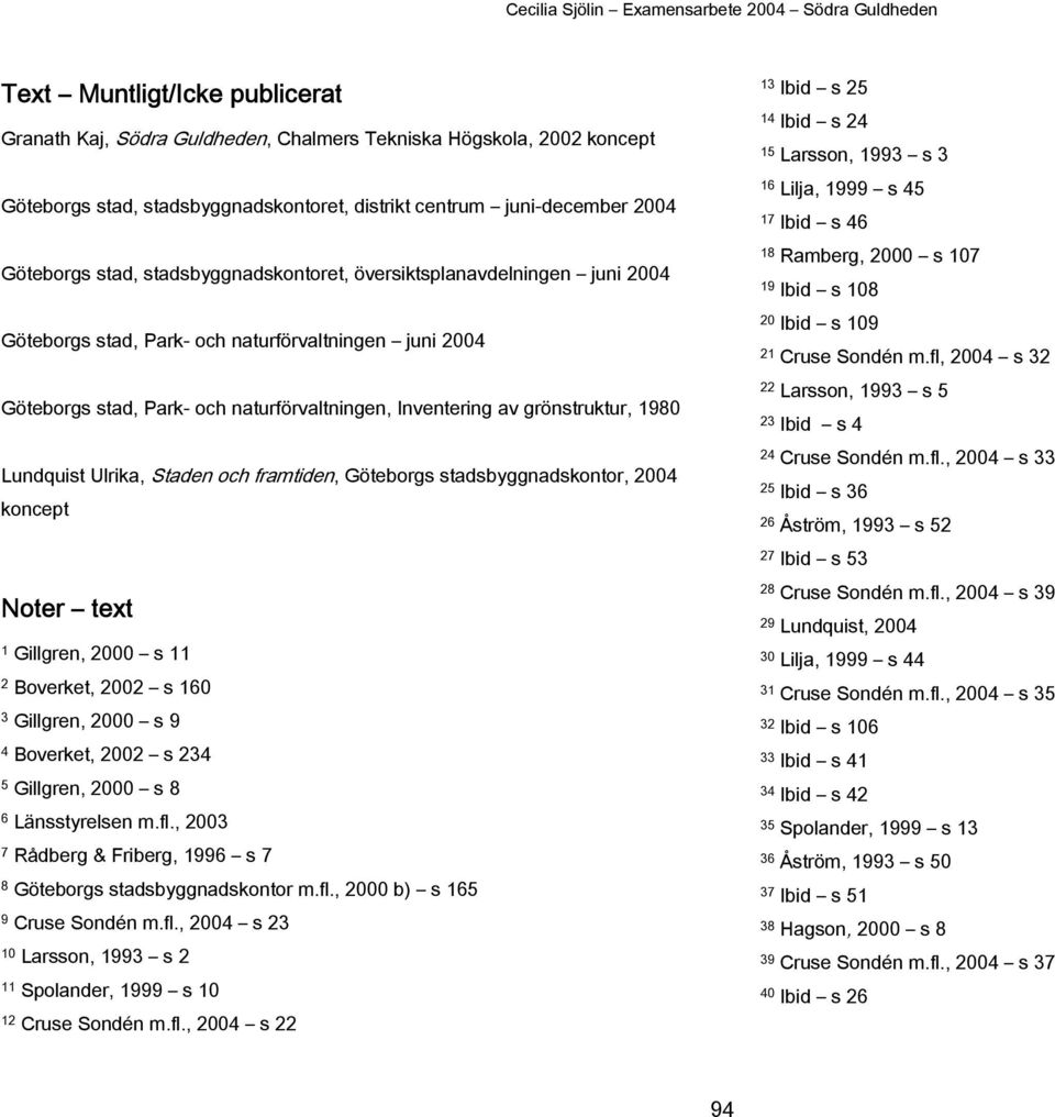 Lundquist Ulrika, Staden och framtiden, Göteborgs stadsbyggnadskontor, 2004 koncept 13 Ibid s 25 14 Ibid s 24 15 Larsson, 1993 s 3 16 Lilja, 1999 s 45 17 Ibid s 46 18 Ramberg, 2000 s 107 19 Ibid s