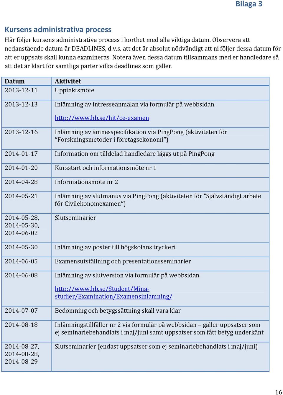 Datum Aktivitet 2013-12-11 Upptaktsmöte 2013-12-13 Inlämning av intresseanmälan via formulär på webbsidan. http://www.hb.