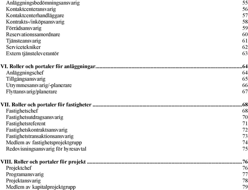 ..64 Anläggningschef 64 Tillgångsansvarig 65 Utrymmesansvarig/-planerare 66 Flyttansvarig/planerare 67 VII. Roller och portaler för fastigheter.