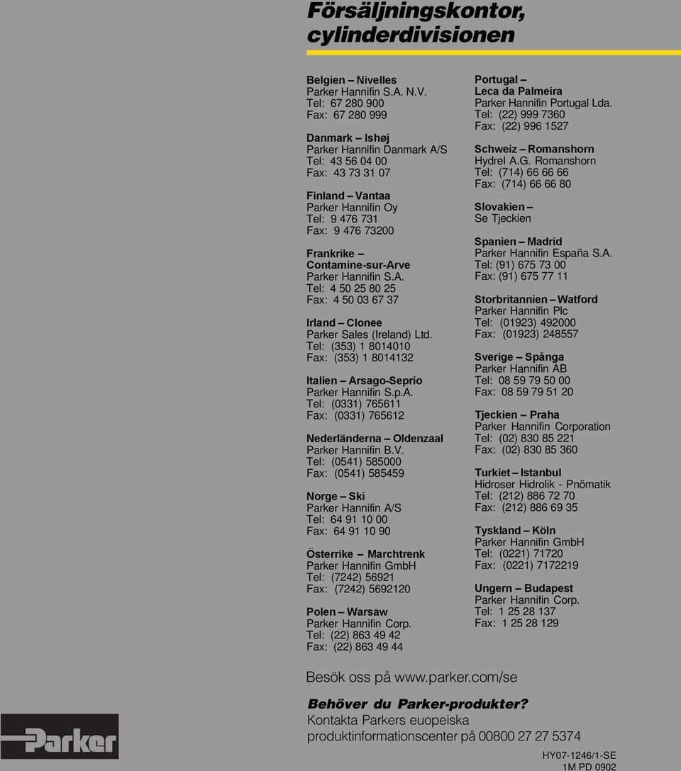 Parker Hannifin S.. Tel: 4 50 25 80 25 Fax: 4 50 03 67 37 Irland Clonee Parker Sales (Ireland) Ltd. Tel: (353) 1 8014010 Fax: (353) 1 8014132 Italien rsago-sepr