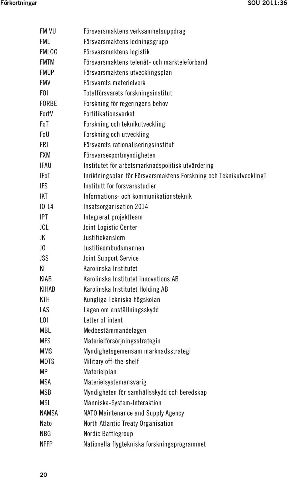 FoU Forskning och utveckling FRI Försvarets rationaliseringsinstitut FXM Försvarsexportmyndigheten IFAU Institutet för arbetsmarknadspolitisk utvärdering IFoT Inriktningsplan för Försvarsmaktens