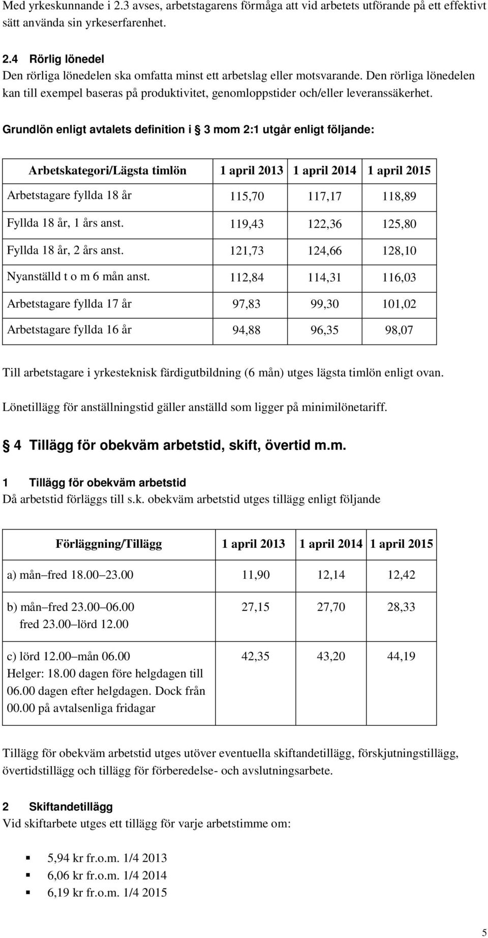 Grundlön enligt avtalets definition i 3 mom 2:1 utgår enligt följande: Arbetskategori/Lägsta timlön 1 april 2013 1 april 2014 1 april 2015 Arbetstagare fyllda 18 år 115,70 117,17 118,89 Fyllda 18 år,