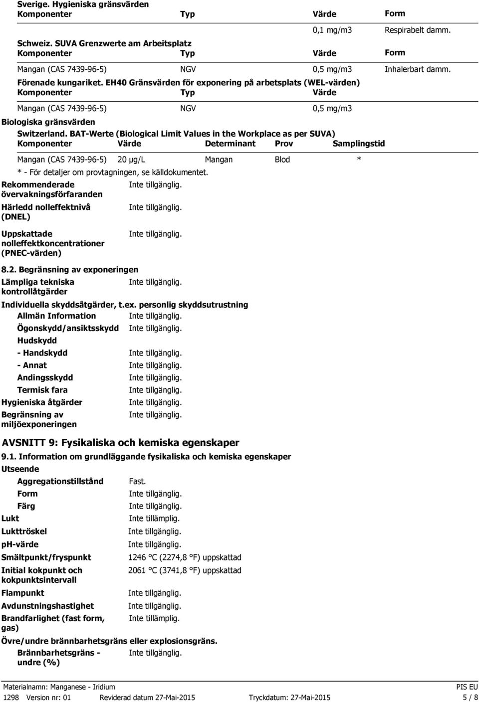 BATWerte (Biological Limit Values in the Workplace as per SUVA) Determinant Prov Samplingstid * För detaljer om provtagningen, se källdokumentet.