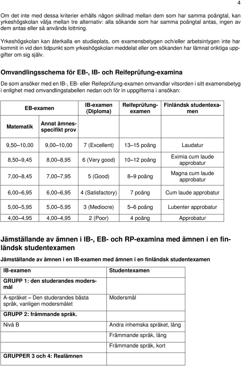 Yrkeshögskolan kan återkalla en studieplats, om examensbetygen och/eller arbetsintygen inte har kommit in vid den tidpunkt som yrkeshögskolan meddelat eller om sökanden har lämnat oriktiga uppgifter