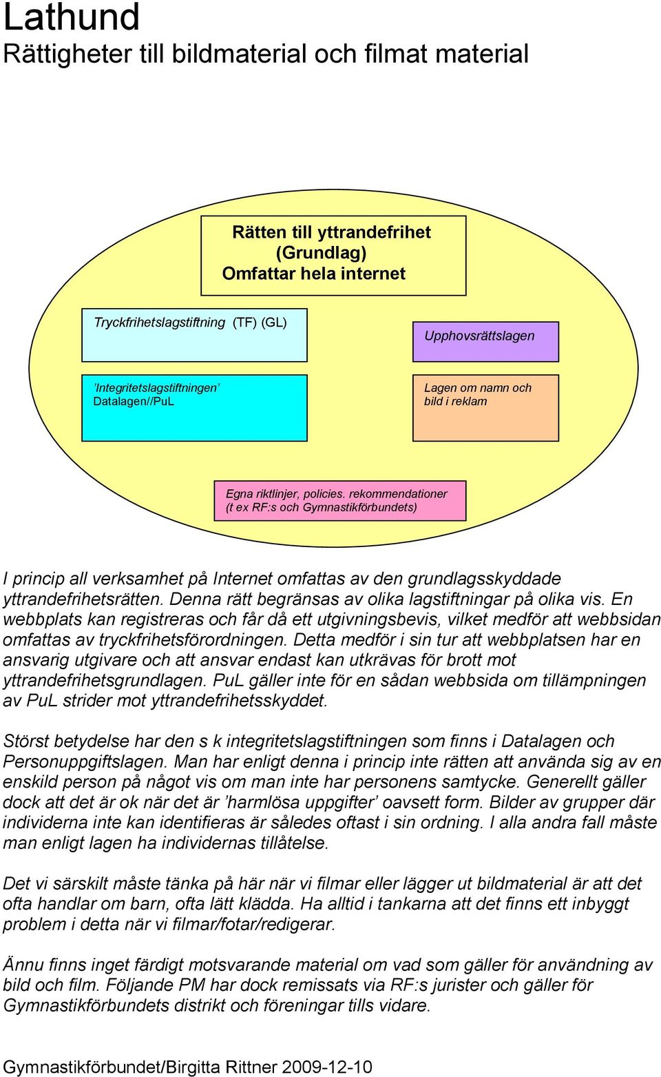 rekommendationer (t ex RF:s och Gymnastikförbundets) I princip all verksamhet på Internet omfattas av den grundlagsskyddade yttrandefrihetsrätten.