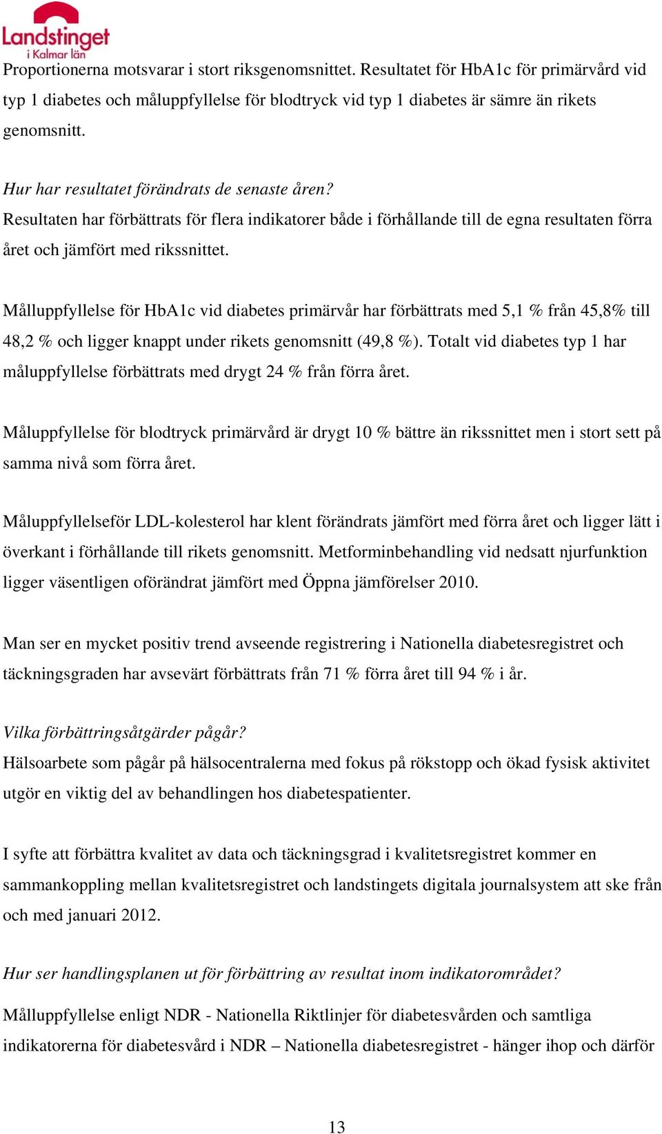 Målluppfyllelse för HbA1c vid diabetes primärvår har förbättrats med 5,1 % från 45,8% till 48,2 % och ligger knappt under rikets genomsnitt (49,8 %).