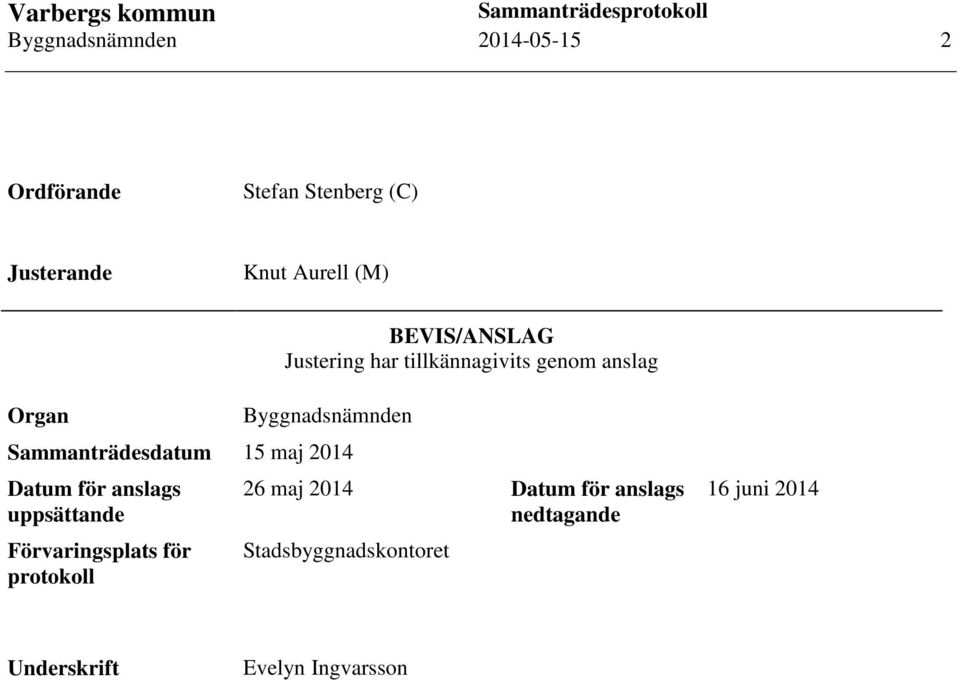 Sammanträdesdatum 15 maj 2014 Datum för anslags uppsättande Förvaringsplats för protokoll