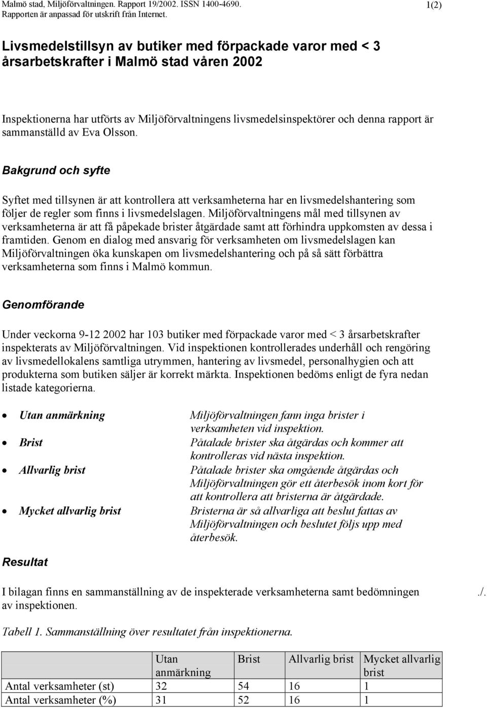 sammanställd av Eva Olsson. Bakgrund och syfte Syftet med tillsynen är att kontrollera att verksamheterna har en livsmedelshantering som följer de regler som finns i livsmedelslagen.