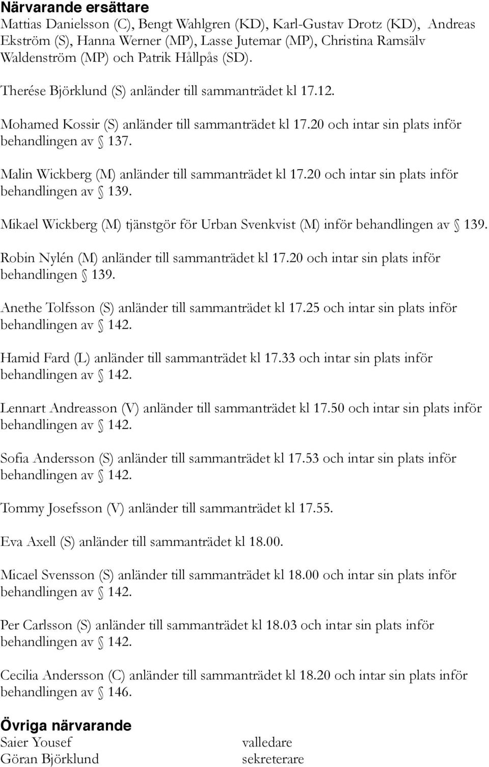 Malin Wickberg (M) anländer till sammanträdet kl 17.20 och intar sin plats inför behandlingen av 139. Mikael Wickberg (M) tjänstgör för Urban Svenkvist (M) inför behandlingen av 139.