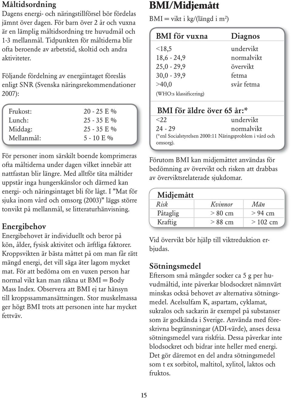 Följande fördelning av energiintaget föreslås enligt SNR (Svenska näringsrekommendationer 2007): Frukost: 20-25 E % Lunch: 25-35 E % Middag: 25-35 E % Mellanmål: 5-10 E % För personer inom särskilt