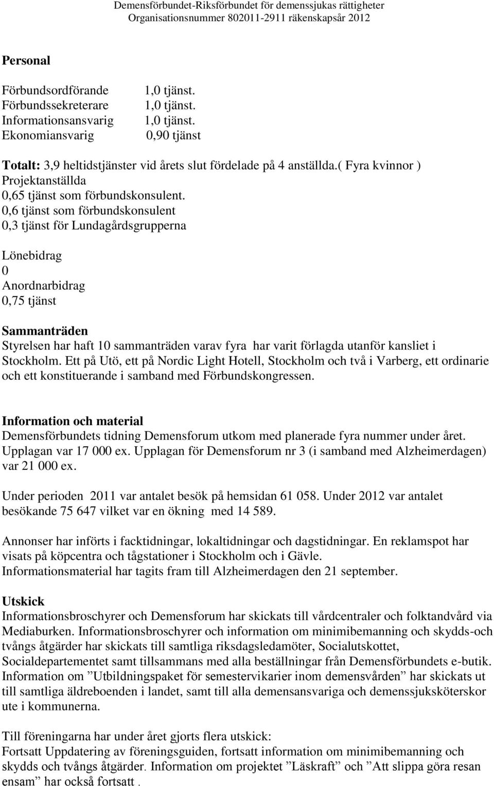 ,6 tjänst som förbundskonsulent,3 tjänst för Lundagårdsgrupperna Lönebidrag Anordnarbidrag,75 tjänst Sammanträden Styrelsen har haft 1 sammanträden varav fyra har varit förlagda utanför kansliet i