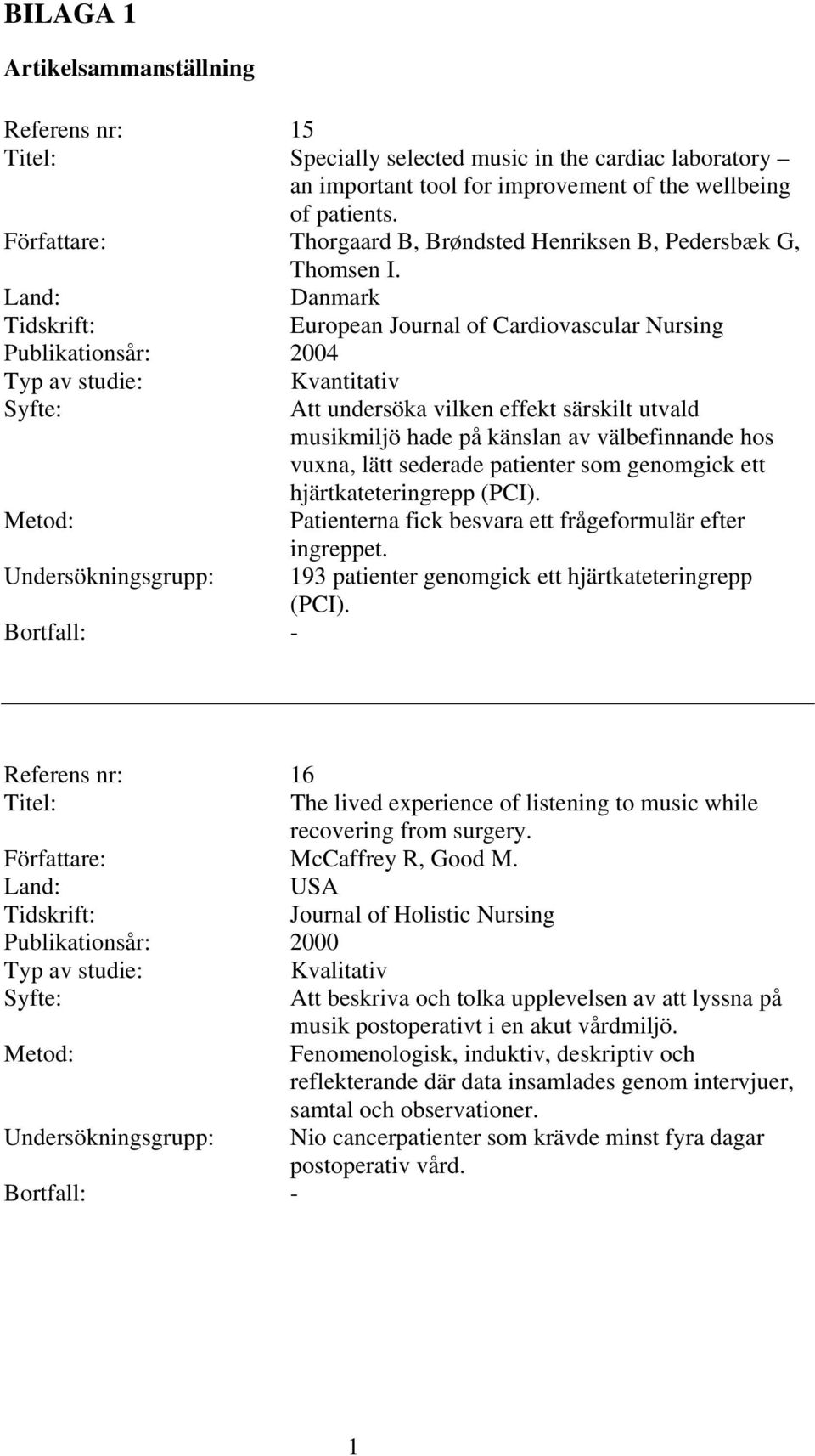 Danmark Tidskrift: European Journal of Cardiovascular Nursing Publikationsår: 2004 Undersökningsgrupp: Bortfall: - Kvantitativ Att undersöka vilken effekt särskilt utvald musikmiljö hade på känslan