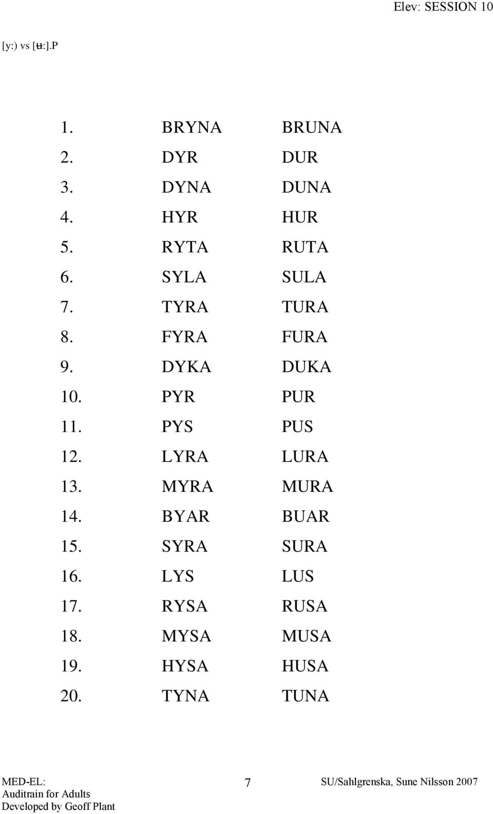 PYR PUR 11. PYS PUS 12. LYRA LURA 13. MYRA MURA 14. BYAR BUAR 15.