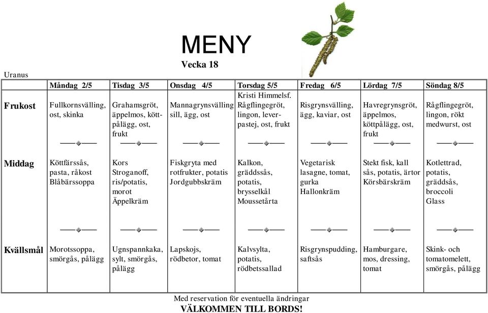 Kalkon, gräddssås, brysselkål Moussetårta Vegetarisk lasagne,, gurka Hallonkräm Stekt fisk, kall sås, ärtor Körsbärskräm Kotlettrad, gräddsås,