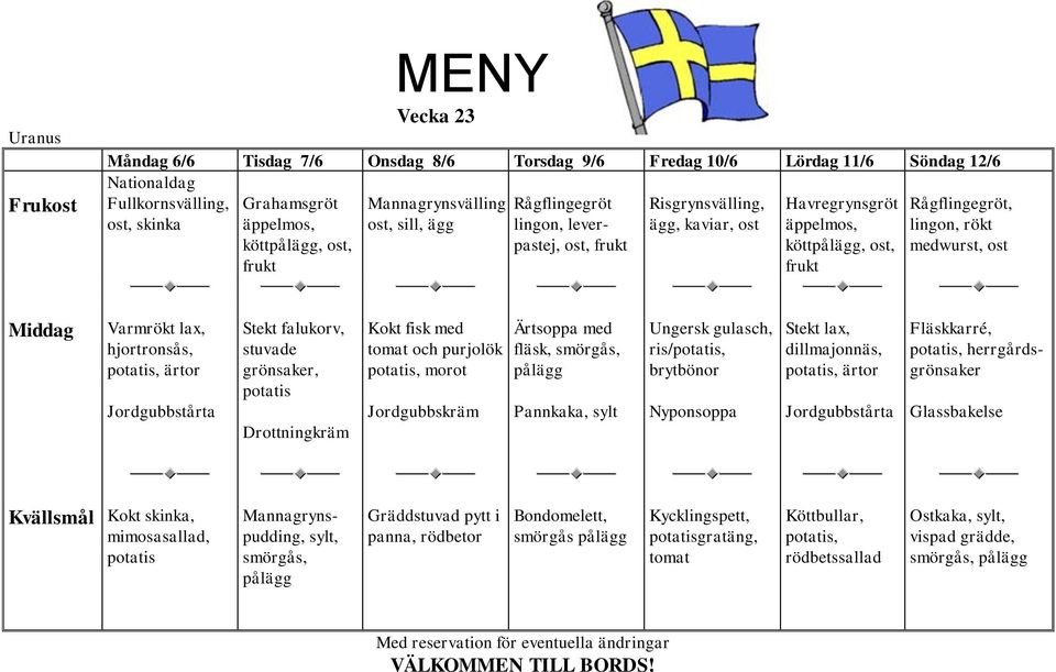 gulasch, ris/ brytbönor Nyponsoppa Stekt lax, dillmajonnäs, ärtor Jordgubbstårta Fläskkarré, herrgårdsgrönsaker Glassbakelse Kvällsmål Kokt skinka,